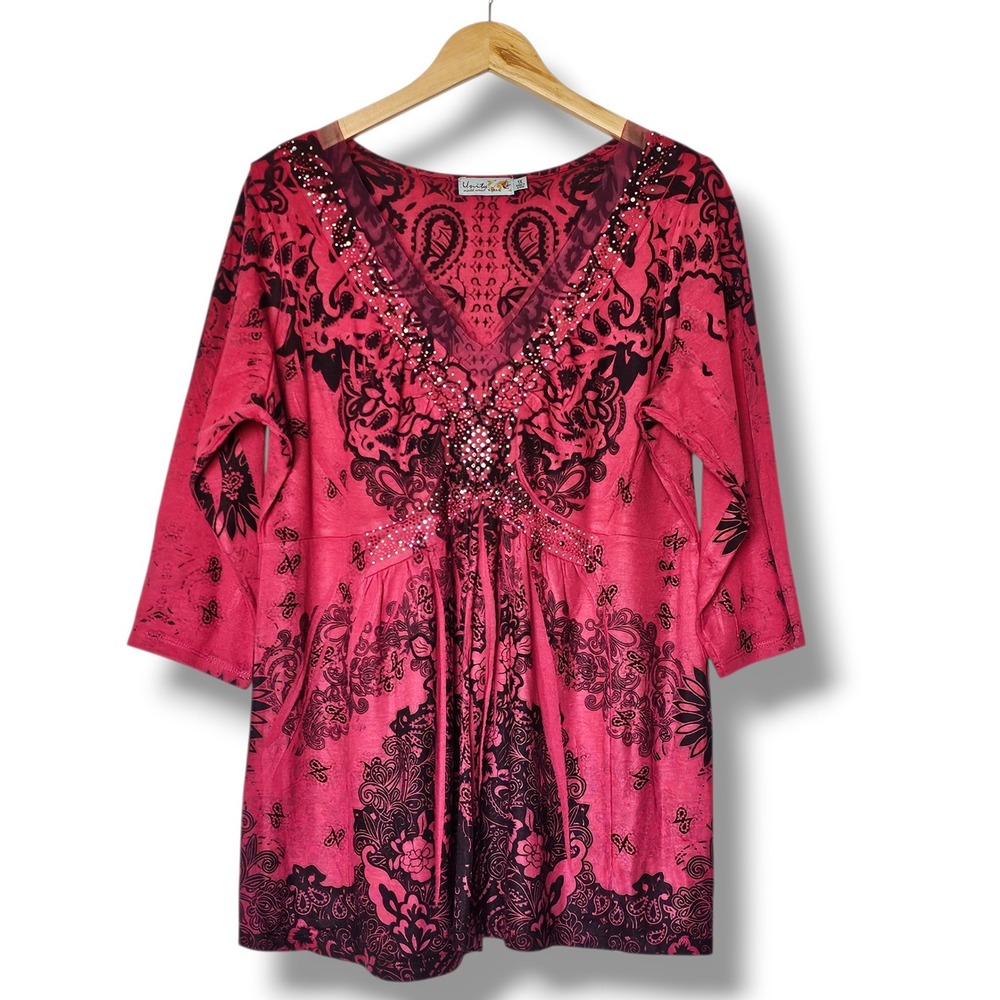 Unity Peasant Top 1X Red Paisley Rhinestone Babydoll McBling Whimsigoth Y2K Boho